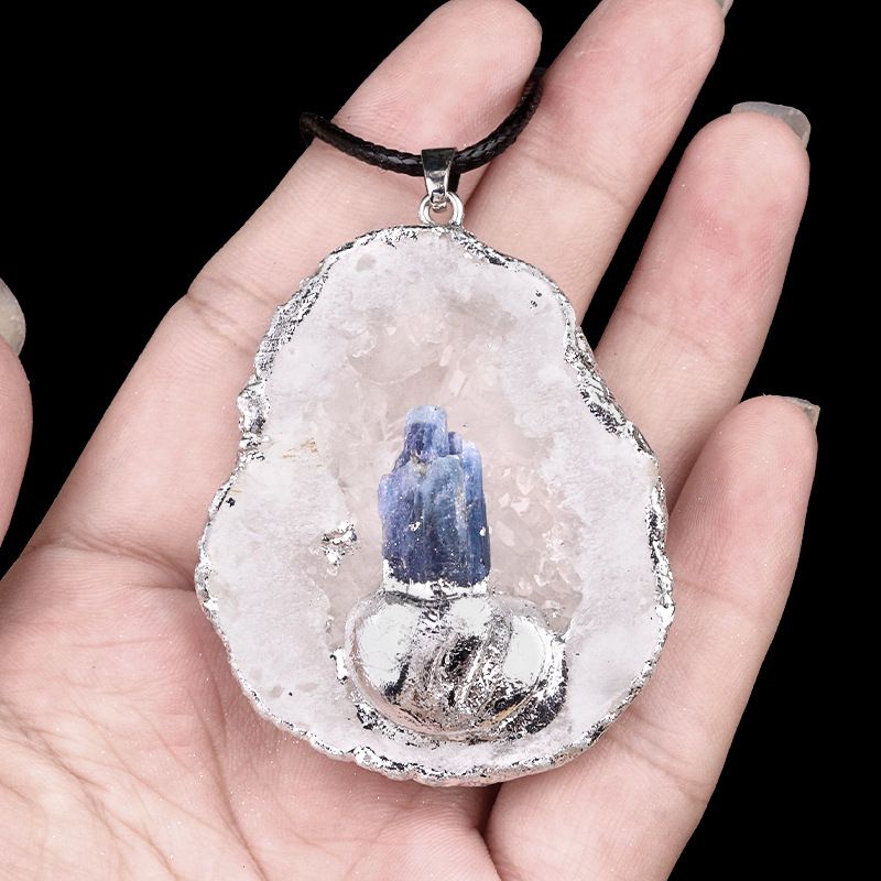 2032-Furo de cristal de ĂĄgata cortado incrustado com pingente de ametista, incrustado em fatias com colar de borda de pedra de cristal