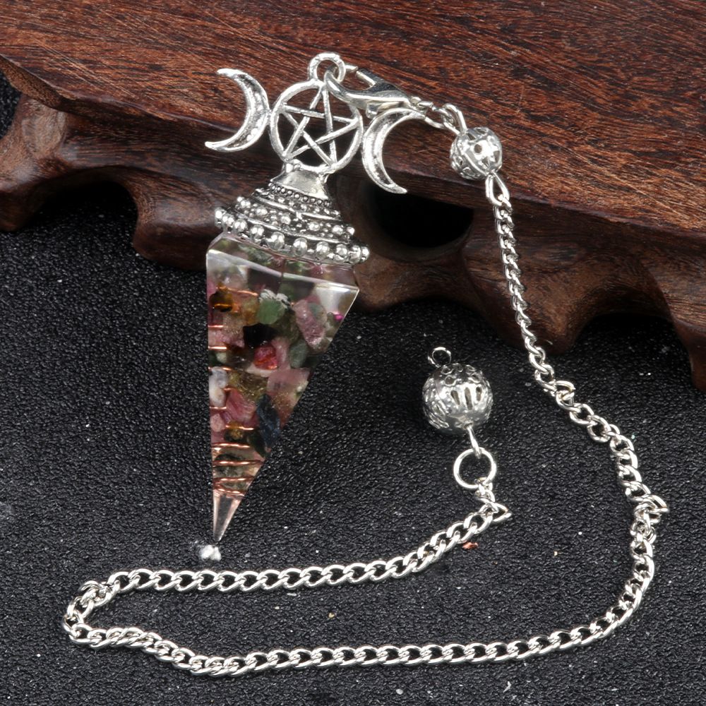1690-Lua trifásica colorido cascalho resina cristal pedra preciosa hexagonal cone pêndulo, pingente de chakra