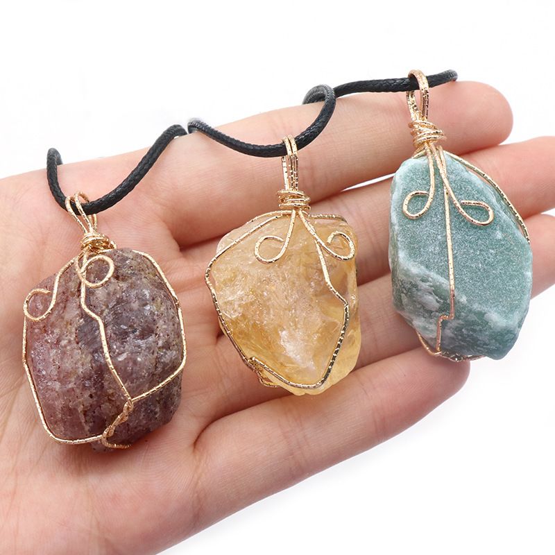 1414-Pingente de seda com enrolamento de pedra áspera citrina, ametista branca rosa fluorita Dongling jade acessórios de colar de pedra irregular