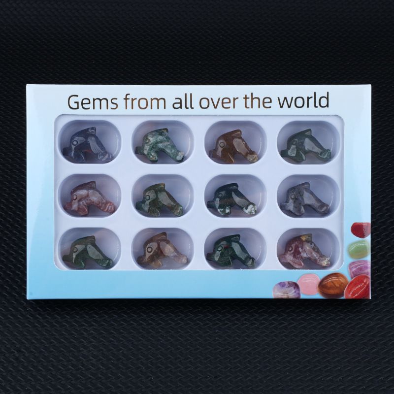 12 caixas de cor 1 polegada gravado cristal ágata jade golfinho animal ornamento conjunto de artesanato