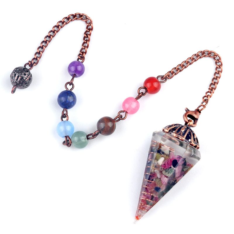 1972-Resina de cascalho de cristal natural pingente de pingente de bandeja de flor de cone hexagonal, chakra colorido pérola yoga jóias