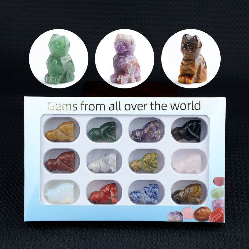 12 caixas de cor 1 polegada gravado cristal ágata jade gatinho ornamento animal conjunto de artesanato