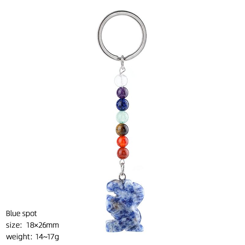 Chaveiro de pônei de jade natural, acessórios de chakra de contas redondas coloridas, pingente de pônei de ágata de cristal gravado.