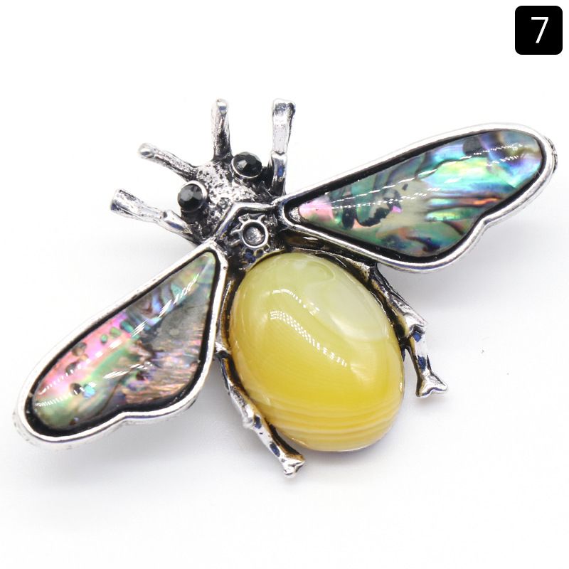 1209-Abelha semipreciosa de ágata de cristal, pingente de pedra preciosa de concha de abalone incrustada em liga, colar de broche