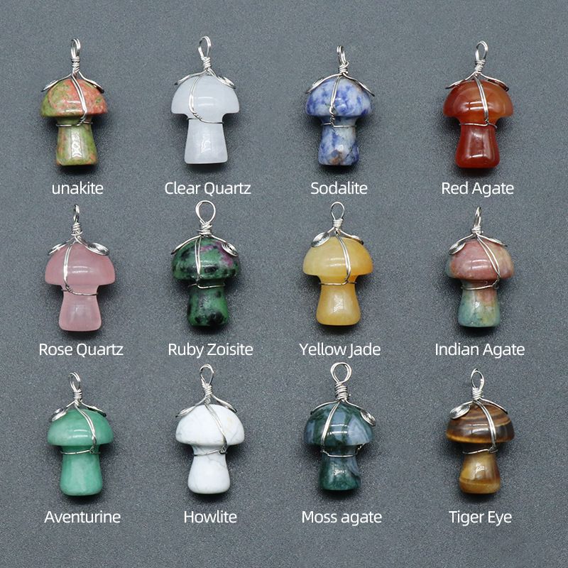 1531-Pedra de cristal natural 20mm pequeno cogumelo enrolamento pingente DIY pingente