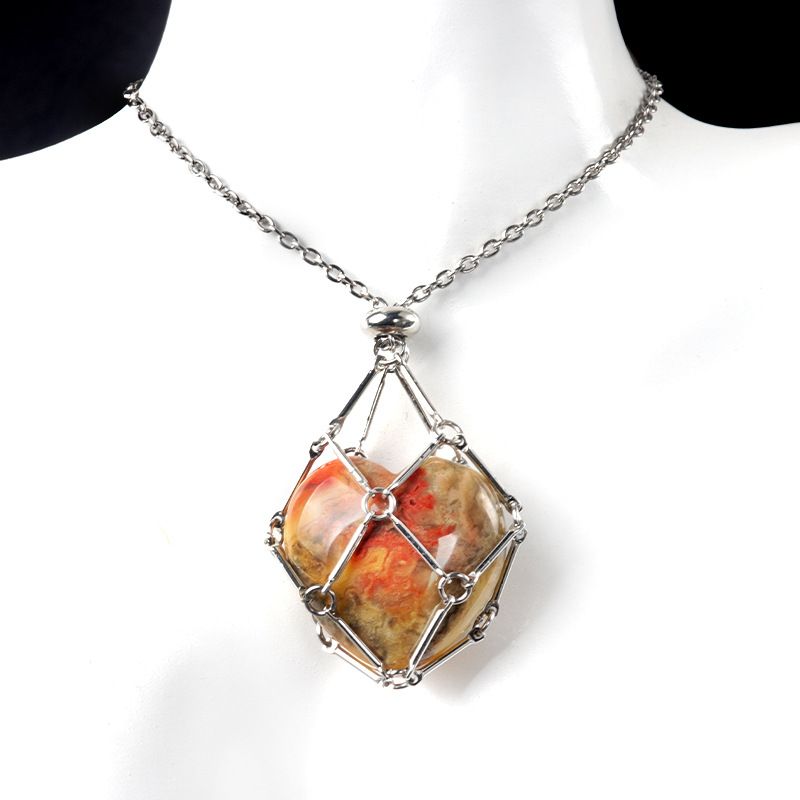 1737-Corrente de aço inoxidável de pedra de amor de ágata de cristal natural, pingente de bolso de malha de coração de bambu de metal