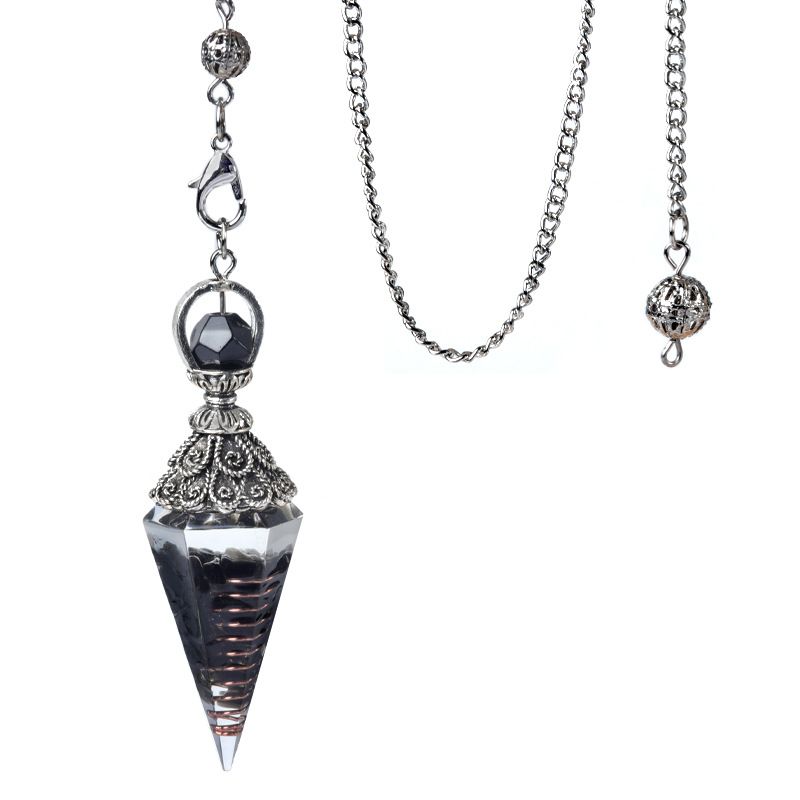 1924-Pêndulo de resina de cascalho colorido de cristal de prata antigo, pingente de cone hexagonal, transfronteiriço