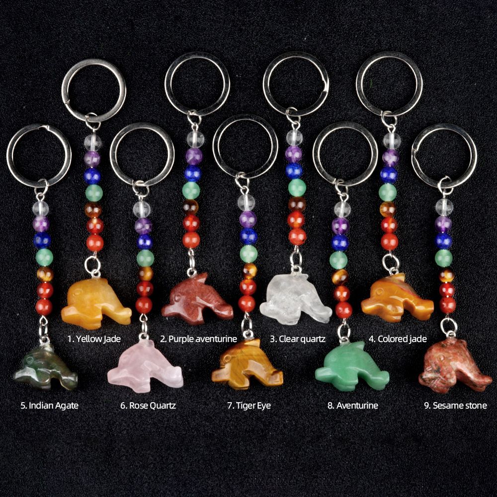1957-Chaveiro de golfinho de pedra de cristal colorido, pingente de jóias de chakra, pingente de chaveiro de animal pequeno