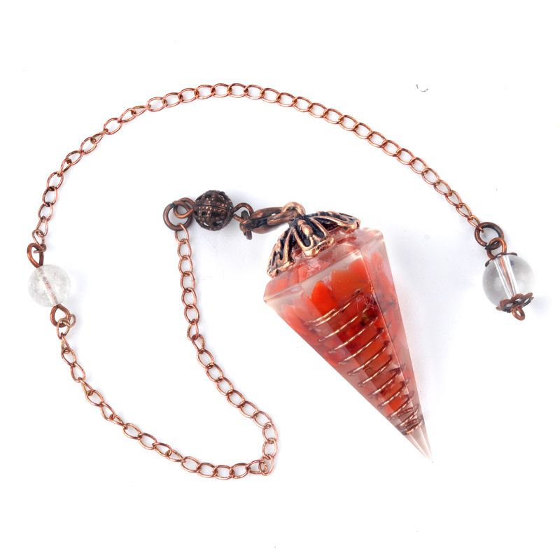 1697-Pêndulo de cristal colorido pêndulo de bandeja de flor de cobre vermelho antigo, pêndulo de cone hexagonal de resina de cascalho natural