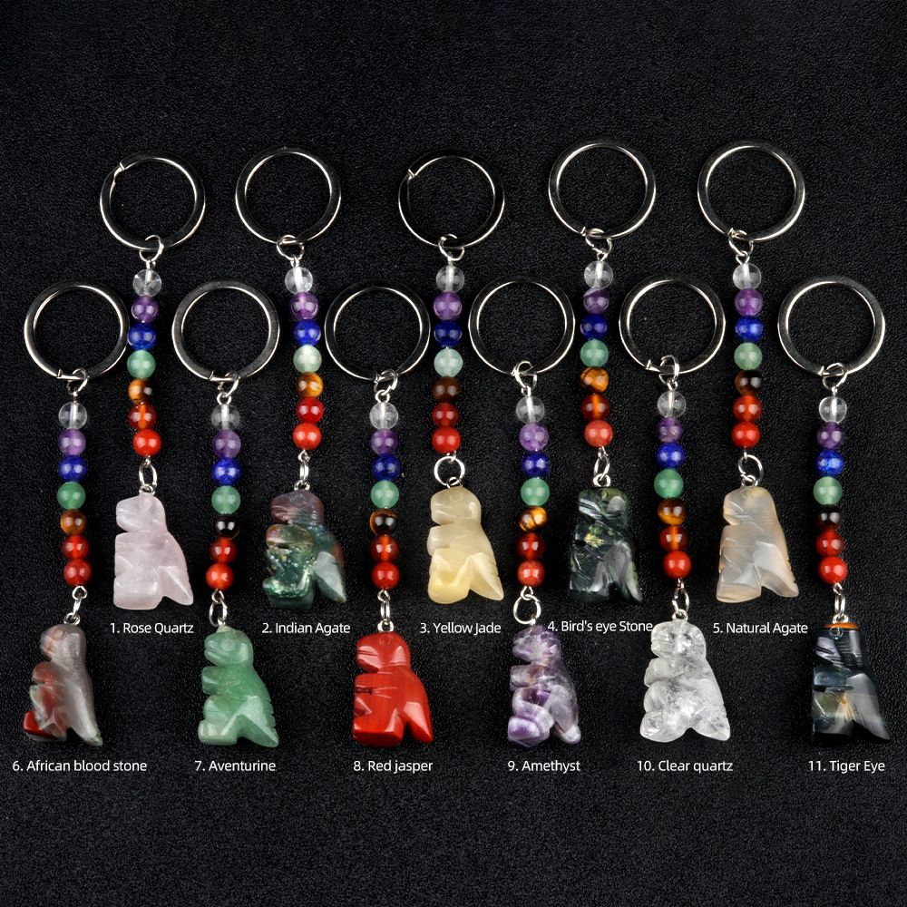 1953 Chaveiro de dinossauro pequeno de pedra de cristal colorido, pingente de jóias de chakra, pingente de chaveiro de animal pequeno