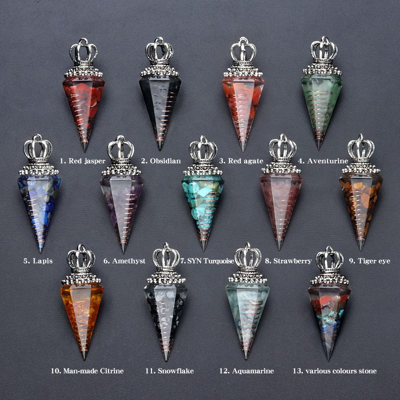 1645-Pêndulo de alma, pêndulo de resina de cascalho cristal, pêndulo de chakra cônico hexagonal