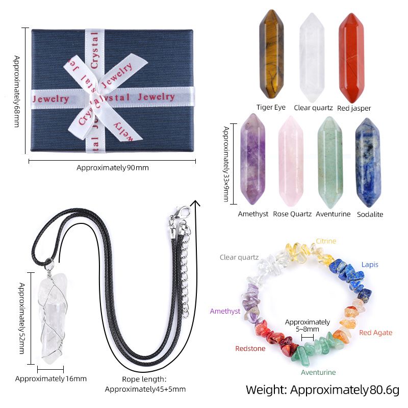 2409 Conjunto de combinação de ágata de pedra semipreciosa de cristal colorido, pedra rolante de ponta dupla, chakra de meditação de ioga de sete veias, caixa de presente correspondente.