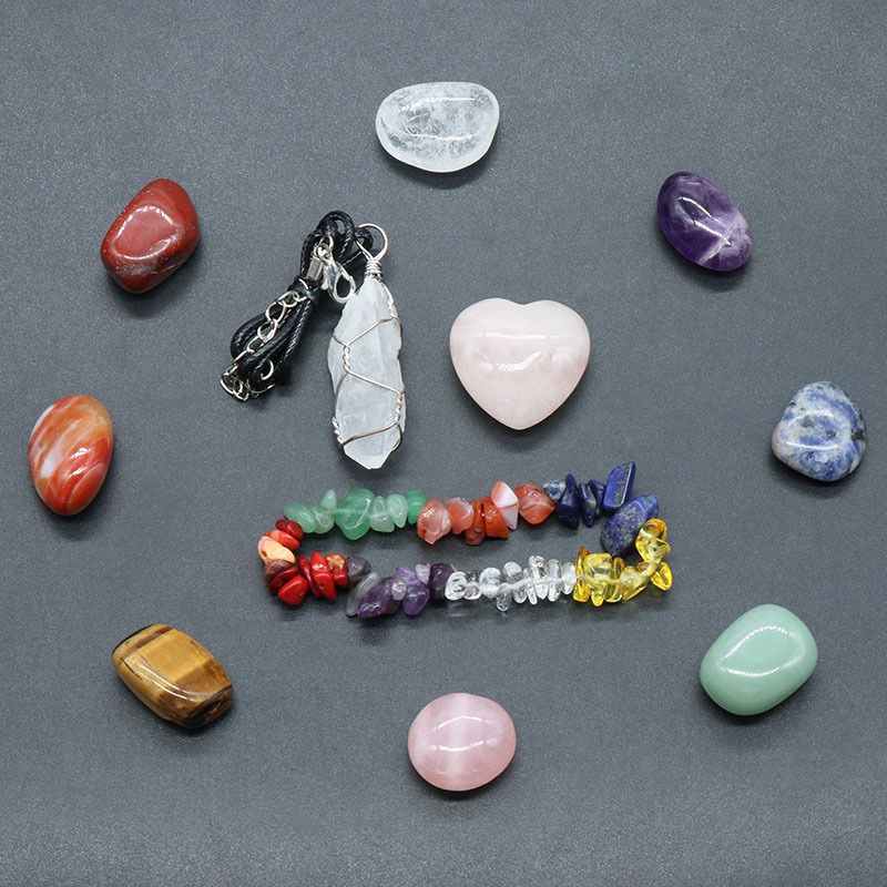 1173-Caixa irregular de pedra colorida, pulseira de cascalho, amor de cristal rosa, conjunto de pilares de pedra áspera de cristal branco.