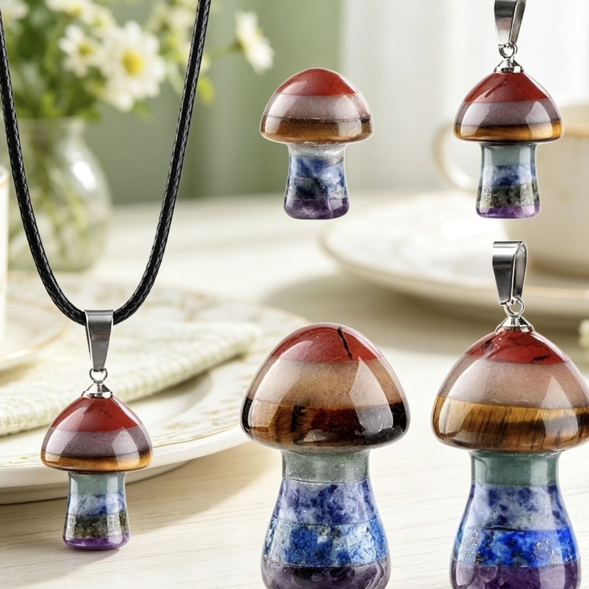 Pingente de cogumelo de cristal natural colorido Chakra de emenda de pedra preciosa de ágata de sete cores pequeno colar de cogumelo