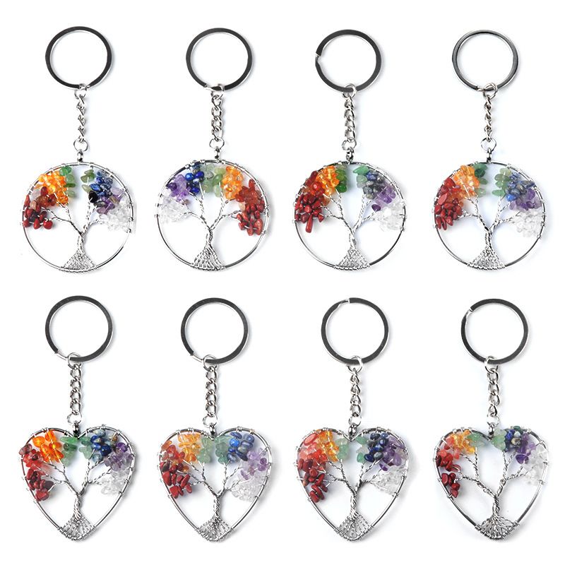 1707 - Sete Cores Cristal Pedra Triturada Árvore da Vida Chaveiro Chakra Yoga Joia Pingente Árvore do Dinheiro