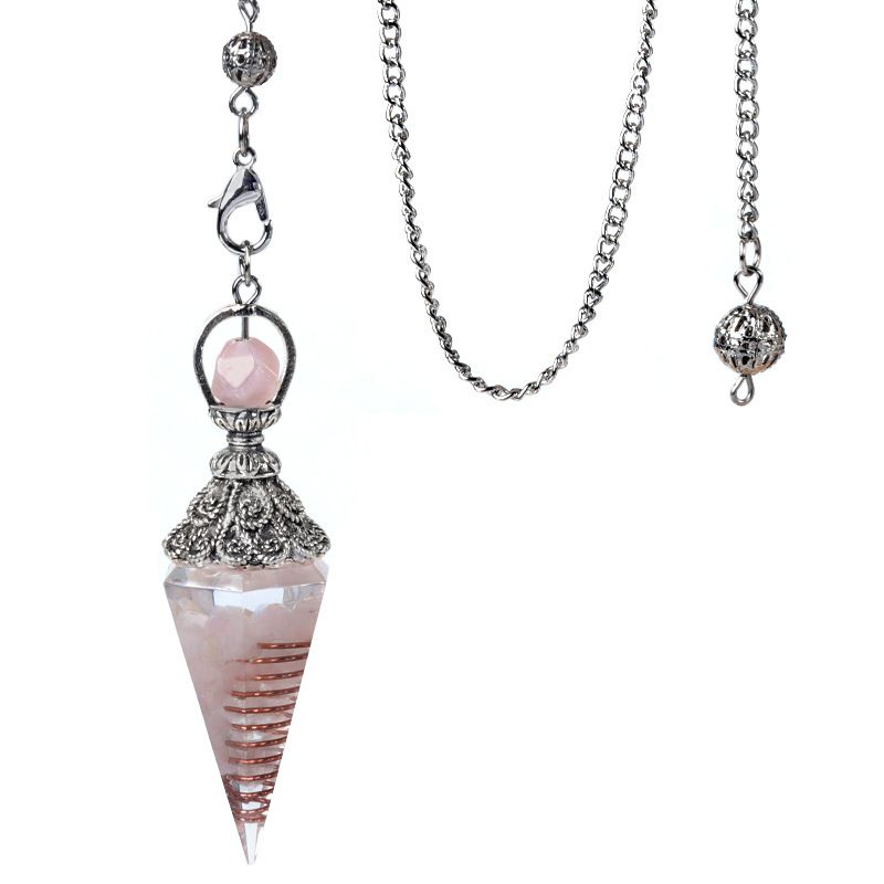 1924-Pêndulo de resina de cascalho colorido de cristal de prata antigo, pingente de cone hexagonal, transfronteiriço