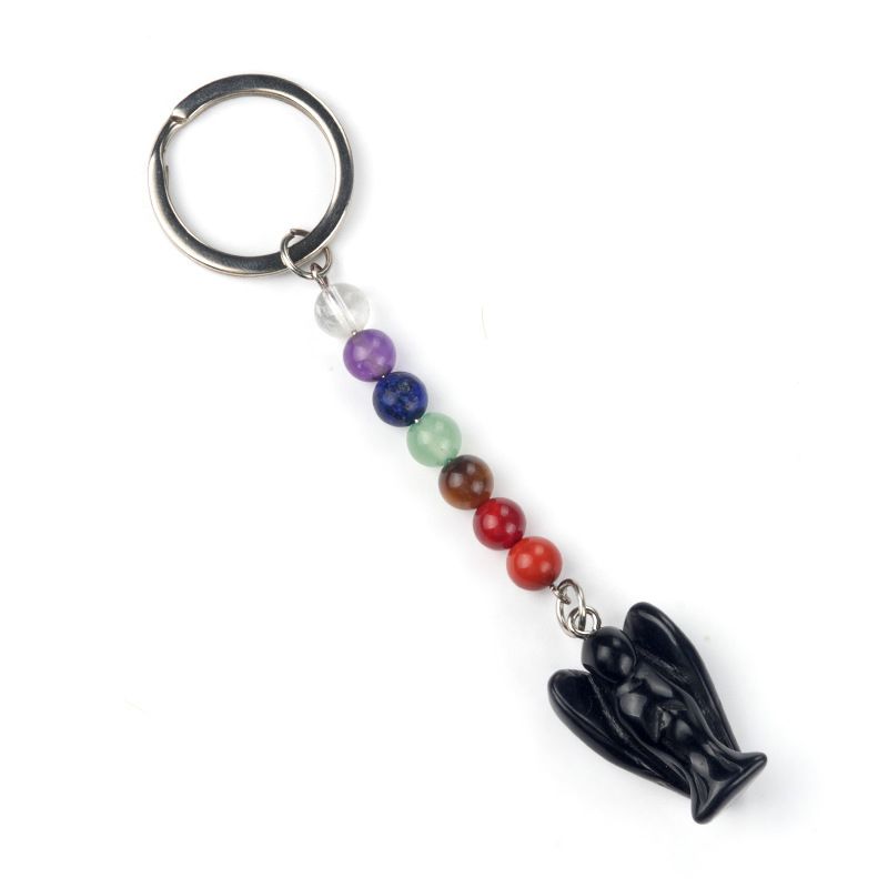 1715-Chaveiro de Anjo Chakra, Chaveiro de Anjo Gravado em Pedra Semi-Preciosa Natural, Pingente de Anjo da Guarda