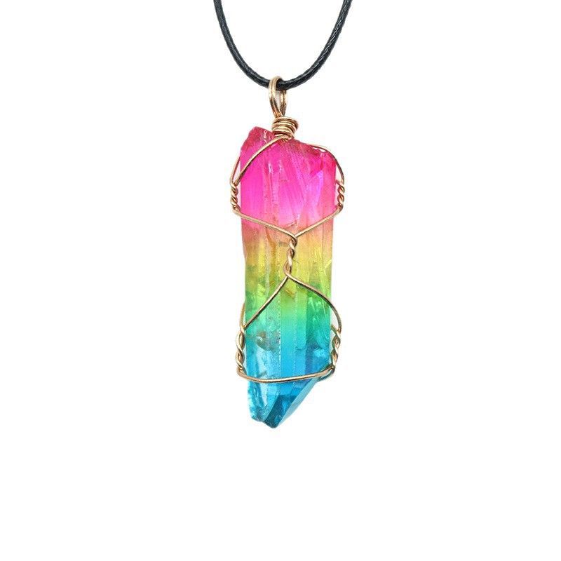 1535-Pingente de enrolamento de coluna de cristal de pedra áspera natural, coluna de cristal arco-íris galvanizado pingente colorido de cristal irregular