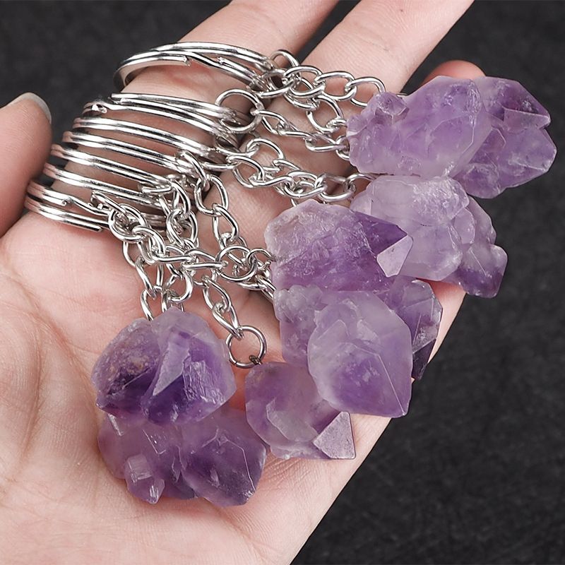 Espécime mineral de pedra áspera de ametista, anel de chaveiro irregular de cristal único, pingente de joias para bolsa de celular, acessórios