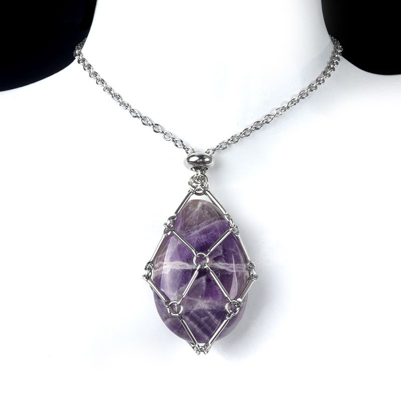 1720-Corrente de mão de aço inoxidável tecido malha colar de bolso de pedra de ágata cristal pingente de gota de água pode ser substituído por pedra bruta