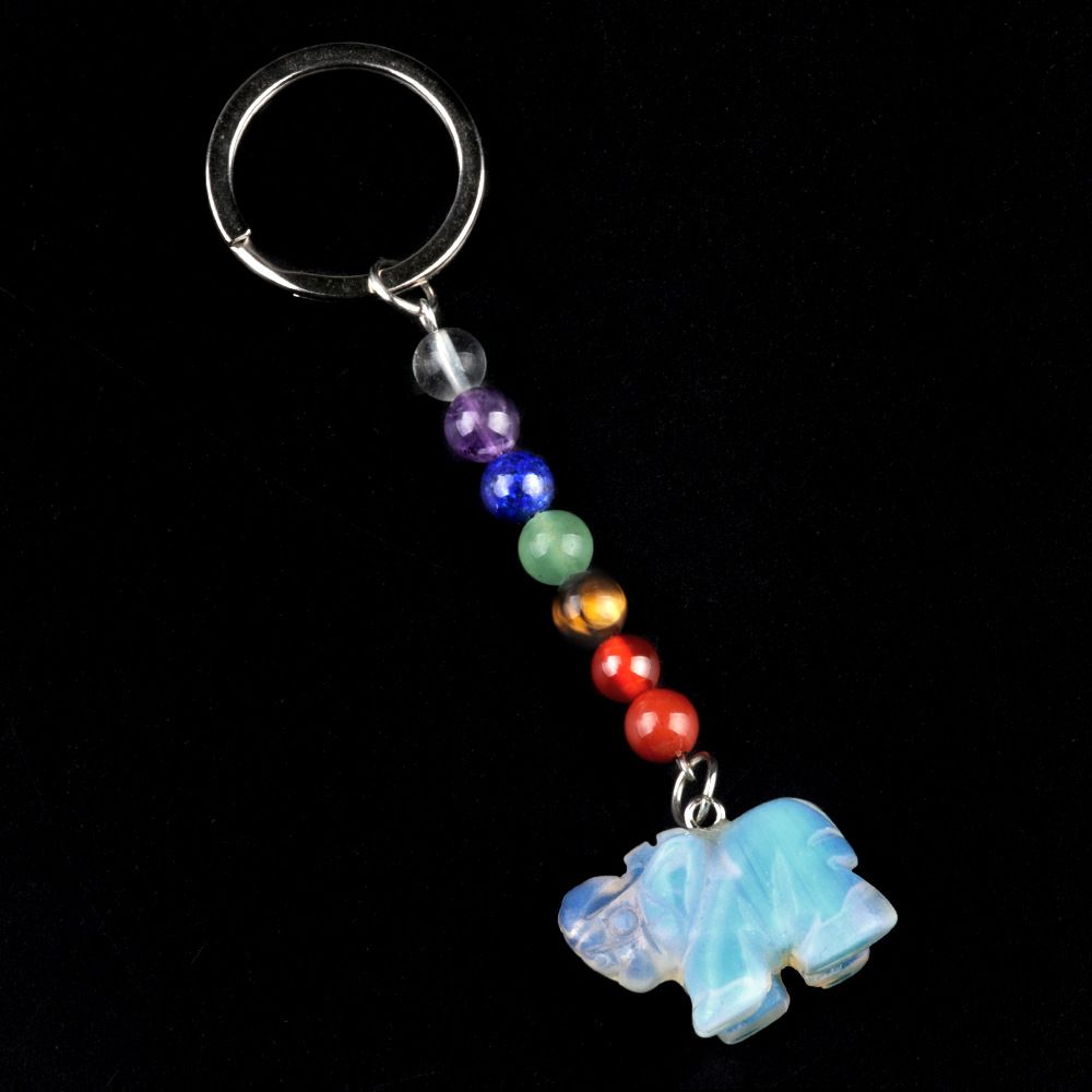 Chaveiro de elefante de pedra de cristal colorido, pingente de jóias de chakra, pingente de chaveiro de animal pequeno.