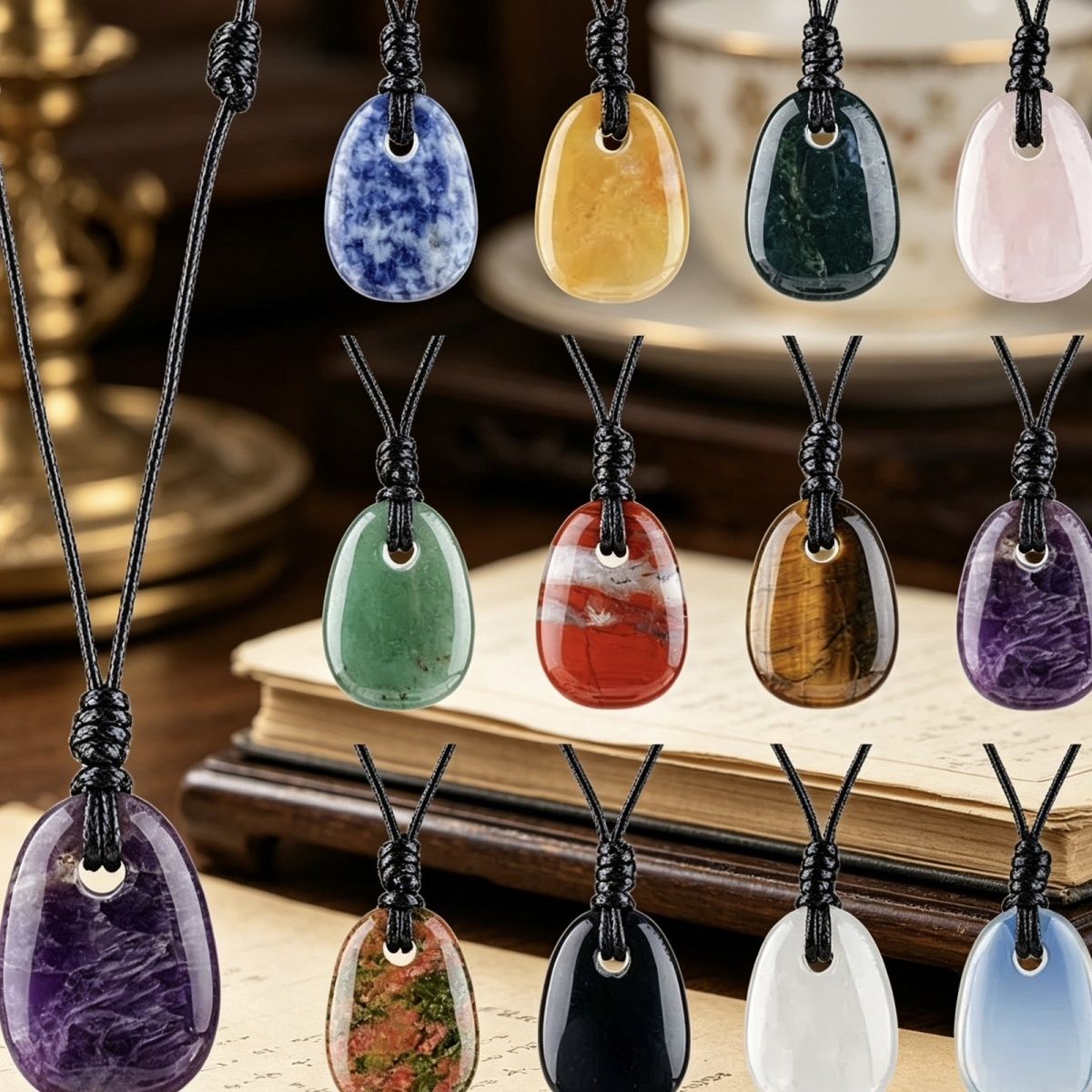 Colar de cristal natural, joias de corrente de suéter versátil retrô, corda trapezoidal tecida à mão com orifício grande, pingente de pedra áspera.