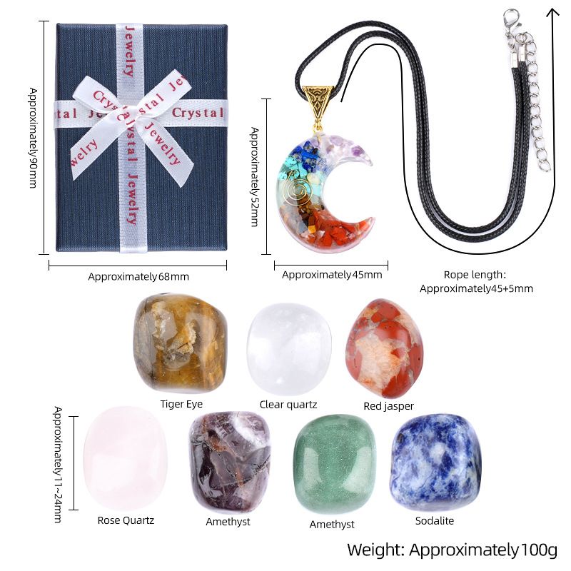 2409 Conjunto de combinação de ágata de pedra semipreciosa de cristal colorido, pedra rolante de ponta dupla, chakra de meditação de ioga de sete veias, caixa de presente correspondente.