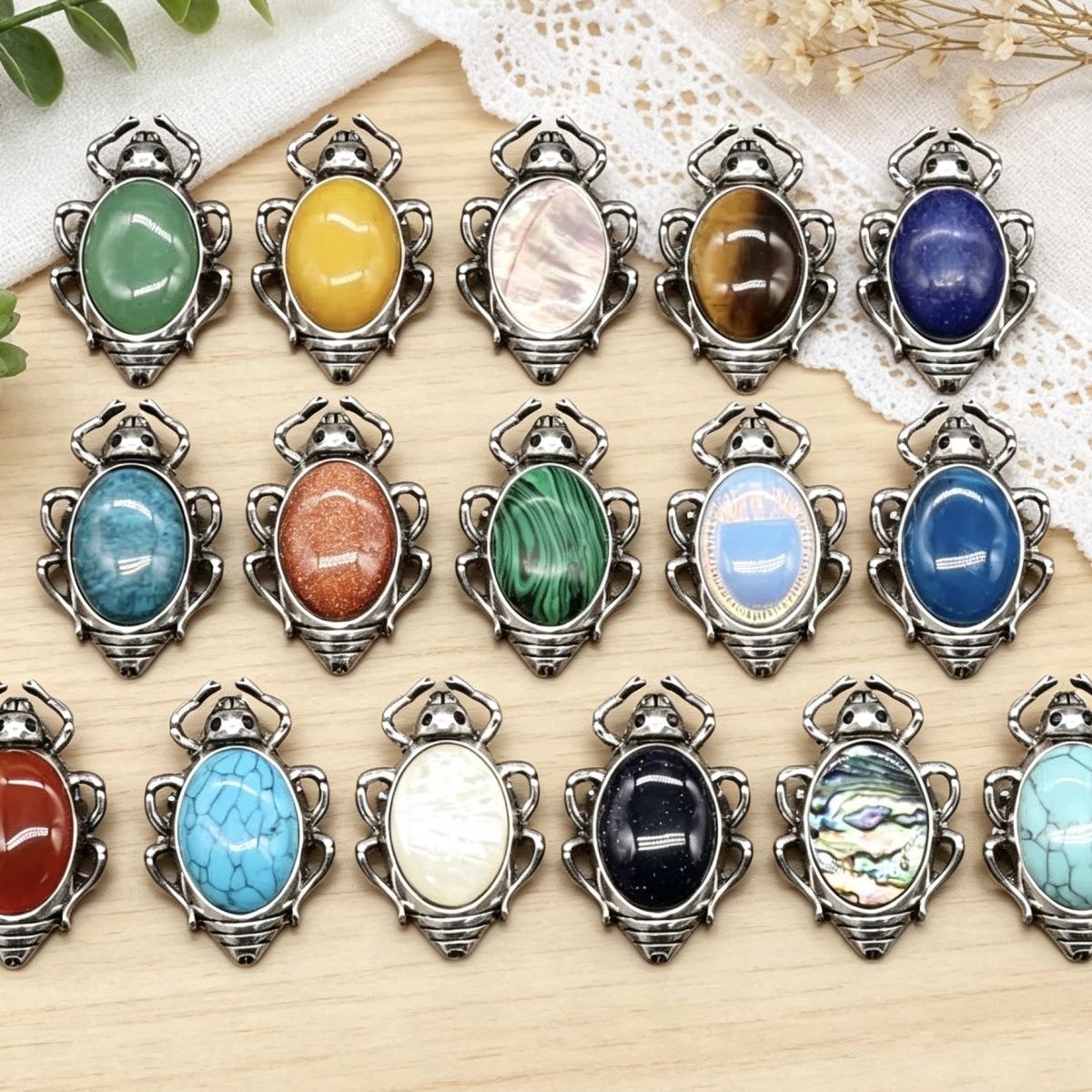 Pingente de broche de gema broche de barata, concha de ágata de cristal incrustada com colar de pino de pingente de pedra preciosa