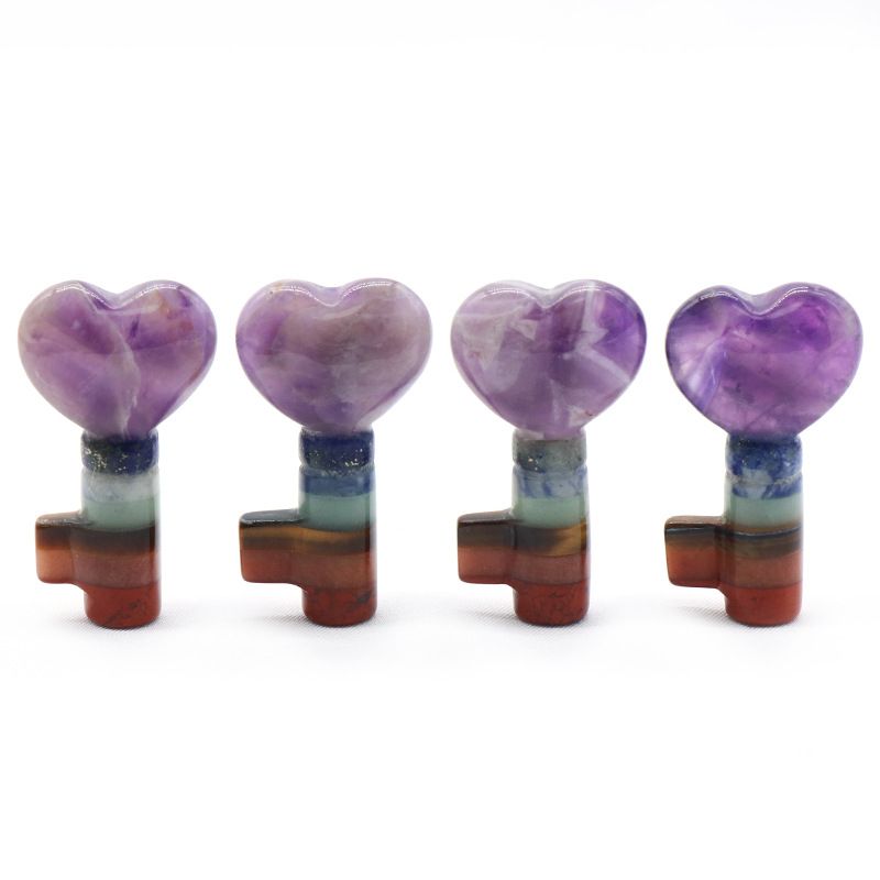 1499-Natural Crystal Colorful Stone Love Key Shape, Chakra Heart Lock Key
