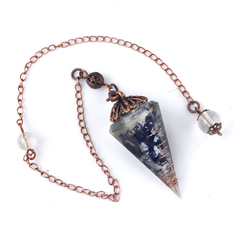 1697-Pêndulo de cristal colorido pêndulo de bandeja de flor de cobre vermelho antigo, pêndulo de cone hexagonal de resina de cascalho natural