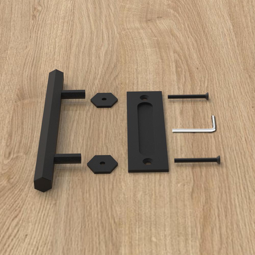 10 in. Black Hexagon Pull and Flush Sliding Barn Door Handle Set