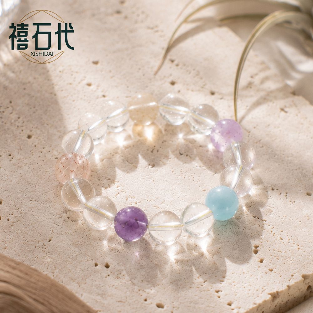 [Xishi Dai] Pulseira de Cristal Duobao Natural, Cristal Branco Ametista, Cristal de Cabelo Dourado, Recrutamento de Negócios de Flor de Pêssego