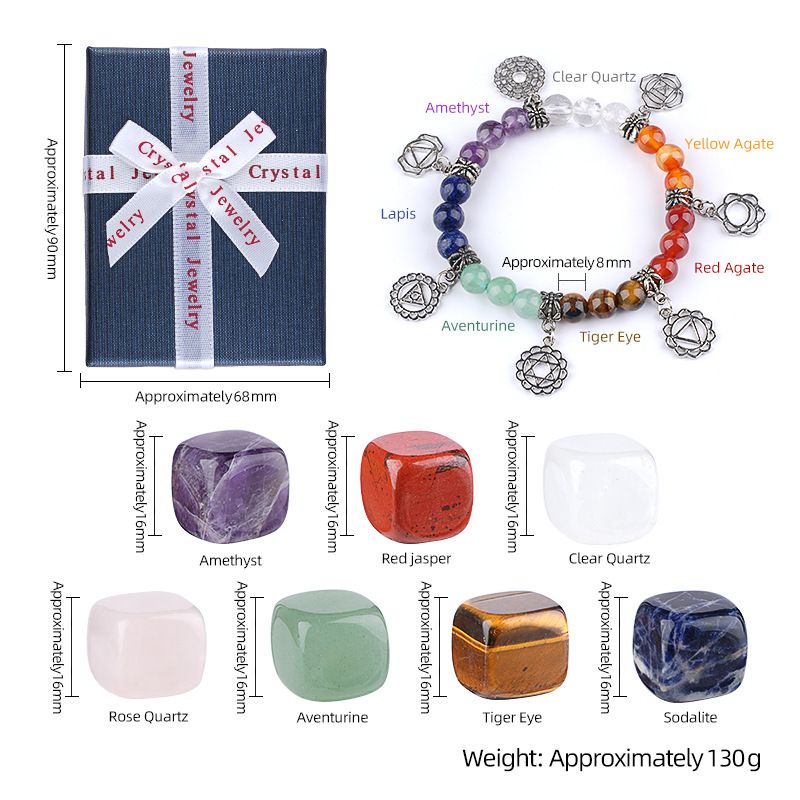 2409 Conjunto de combinação de ágata de pedra semipreciosa de cristal colorido, pedra rolante de ponta dupla, chakra de meditação de ioga de sete veias, caixa de presente correspondente.