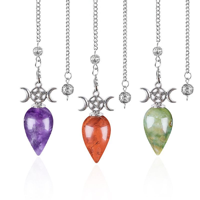 Pêndulo de cristal natural com corrente modelo mensal de gota de água yoga meditação frequência ajustável pêndulo de pedra natural