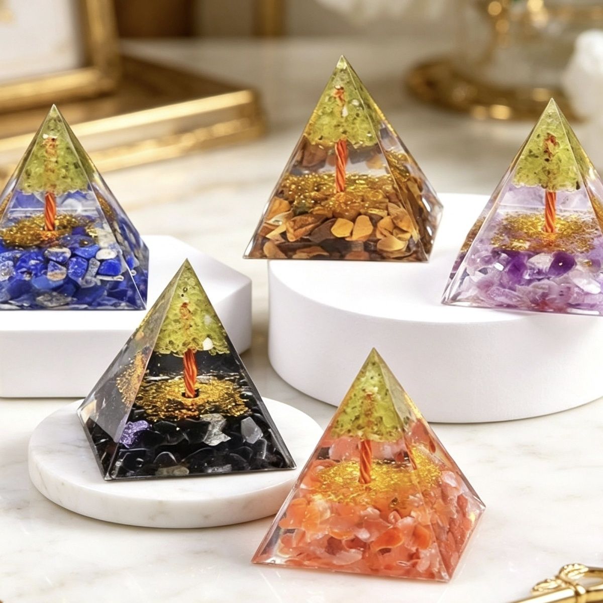 2164-5Cm Azeitona Cristal Árvore da Vida Pirâmide de Cascalho Casa Ornamento de Mesa Resina Artesanato Epóxi
