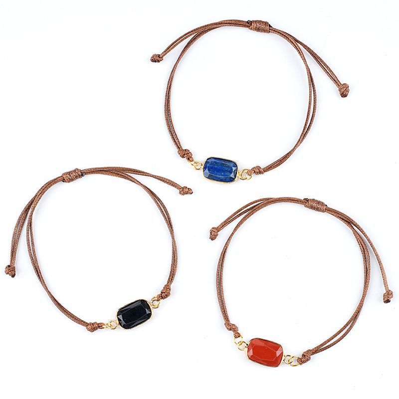 Pulseira de pedra semi-preciosa natural, corda trançada à mão retrô, bainha de corte ajustável, pulseira retangular de cristal natural.