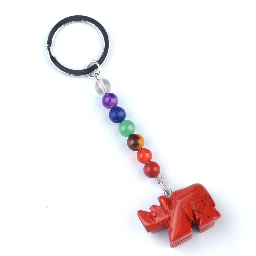 1960-Chaveiro de rinoceronte de pedra de cristal colorido, pingente de jóias de chakra, pingente de chaveiro de animal pequeno
