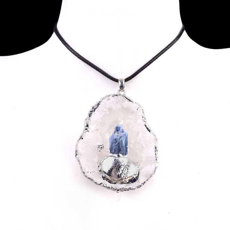 2032-Furo de cristal de ĂĄgata cortado incrustado com pingente de ametista, incrustado em fatias com colar de borda de pedra de cristal