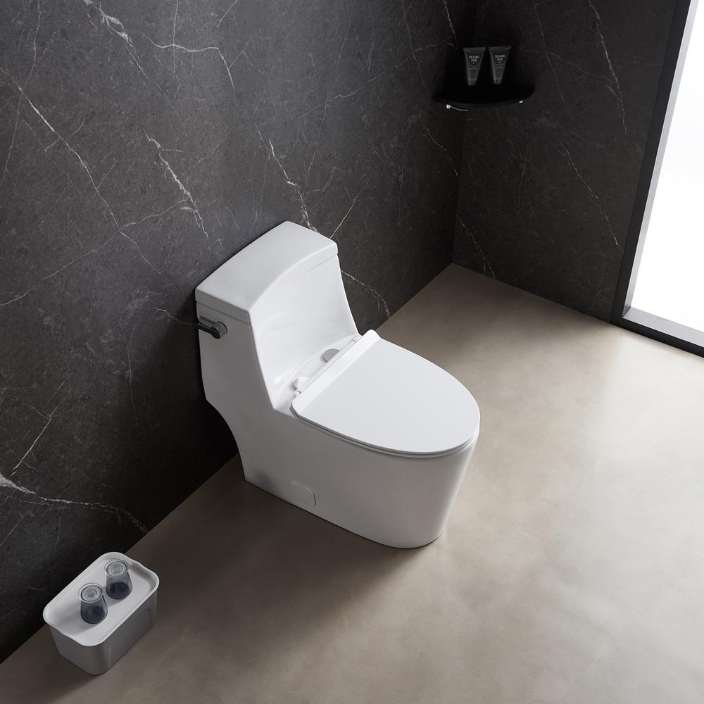 1-Piece 1.28 GPF High Efficiency Single-Flush Elongated Skirted Toilet All-in-One Toilet in White Seat Included