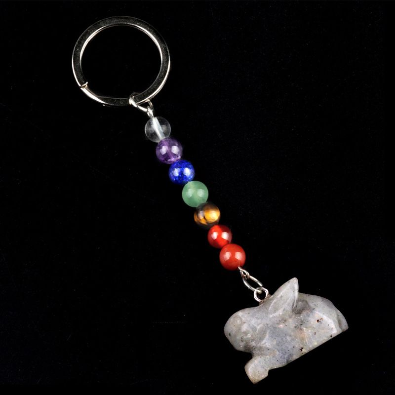 2011-Chaveiro de coelho de pedra de cristal colorido, pingente de jóias de chakra, pingente de chaveiro de animal pequeno.