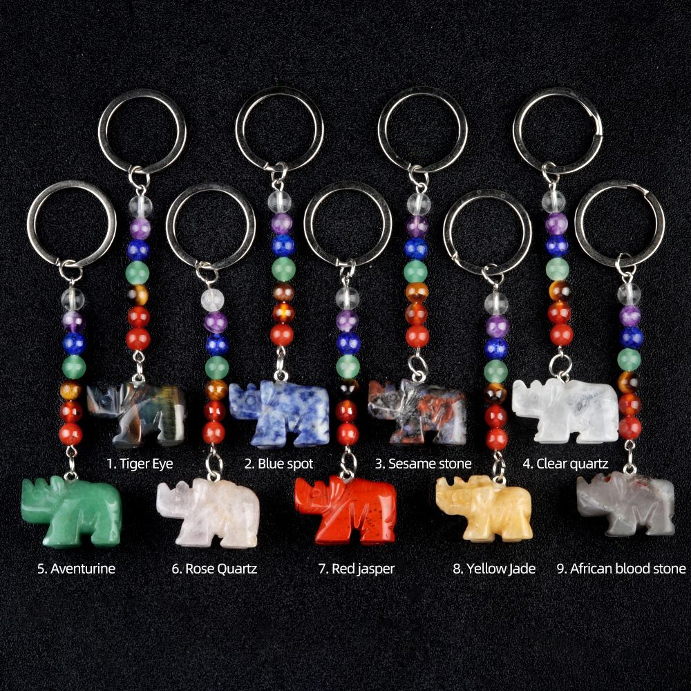 1960-Chaveiro de rinoceronte de pedra de cristal colorido, pingente de jóias de chakra, pingente de chaveiro de animal pequeno