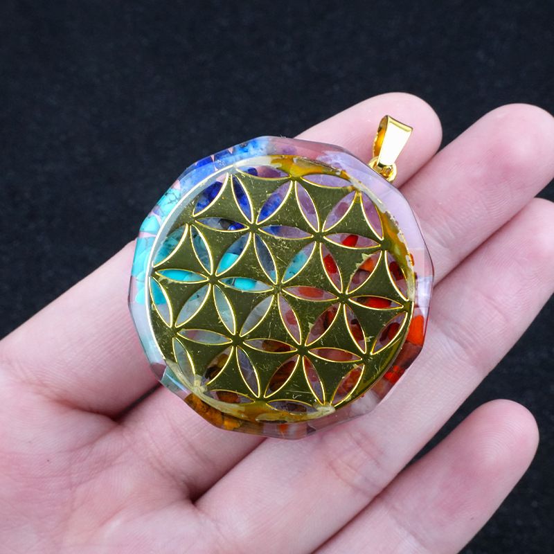 2324-Colar de pedra colorida hexagonal, pingente de pedra natural envolto em cola de resina