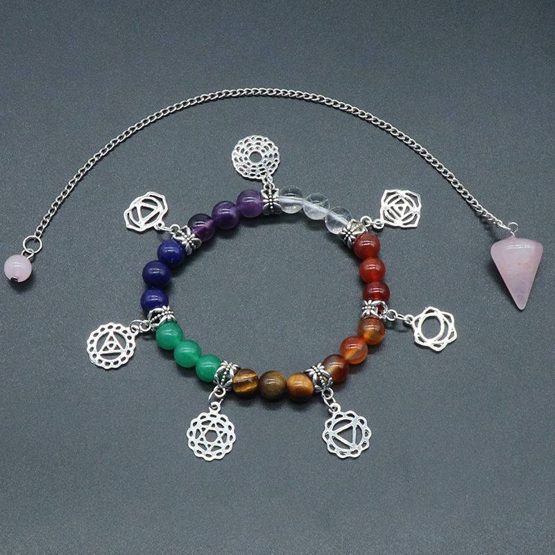 1128-Chakra Pulseira de Pedra preciosa de cristal colorido Pêndulo de cristal Conjunto de pingente de cone hexagonal, joias de ioga