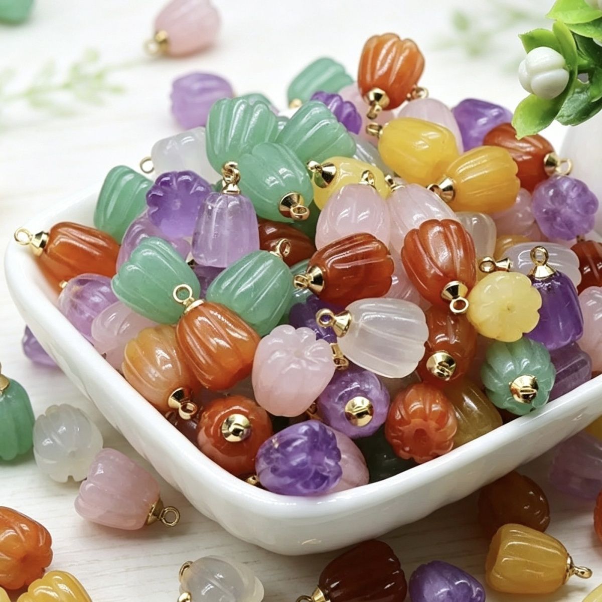 Cristal natural ágata jade gravado pequeno pingente de flor de abóbora DIY pulseira colar brincos acessórios de jóias