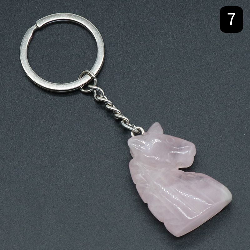 Chaveiro de unicórnio de pedra de cristal natural unicórnio, pingente de saco de animal gravado em pedra.