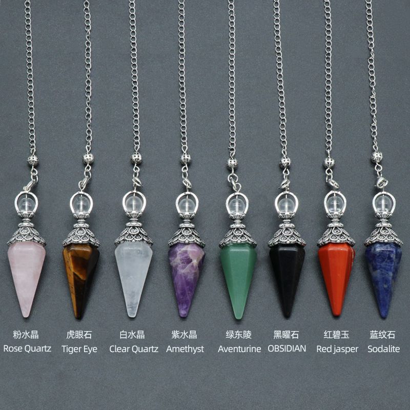 1412-Pêndulo natural rosa e branco ametista tigre olho hexagonal cone pêndulo gravidade concentração pingente