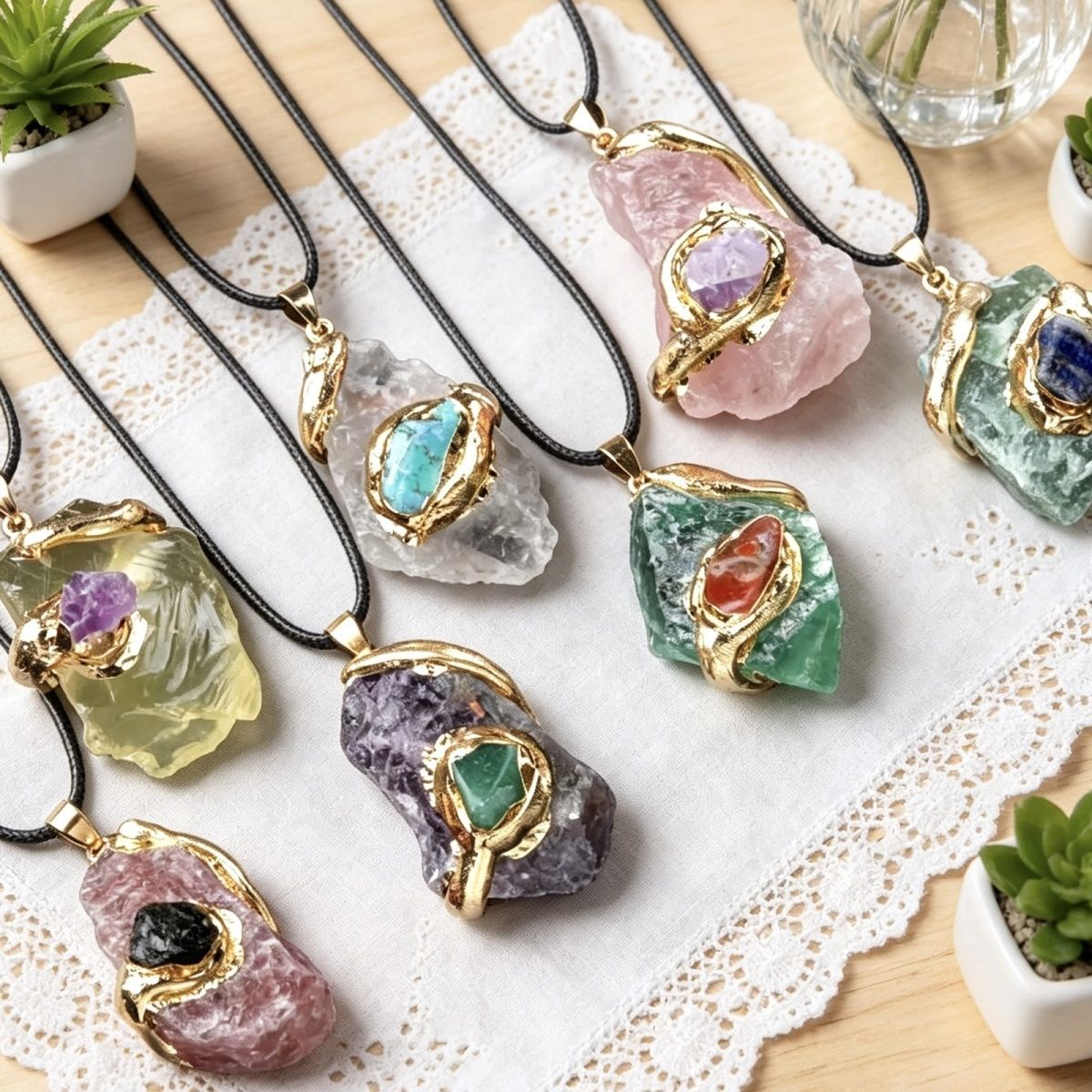20 ~ 40Mm cristal dourado pingente de pedra áspera de cristal multicolorido colar irregular acessórios de jóias