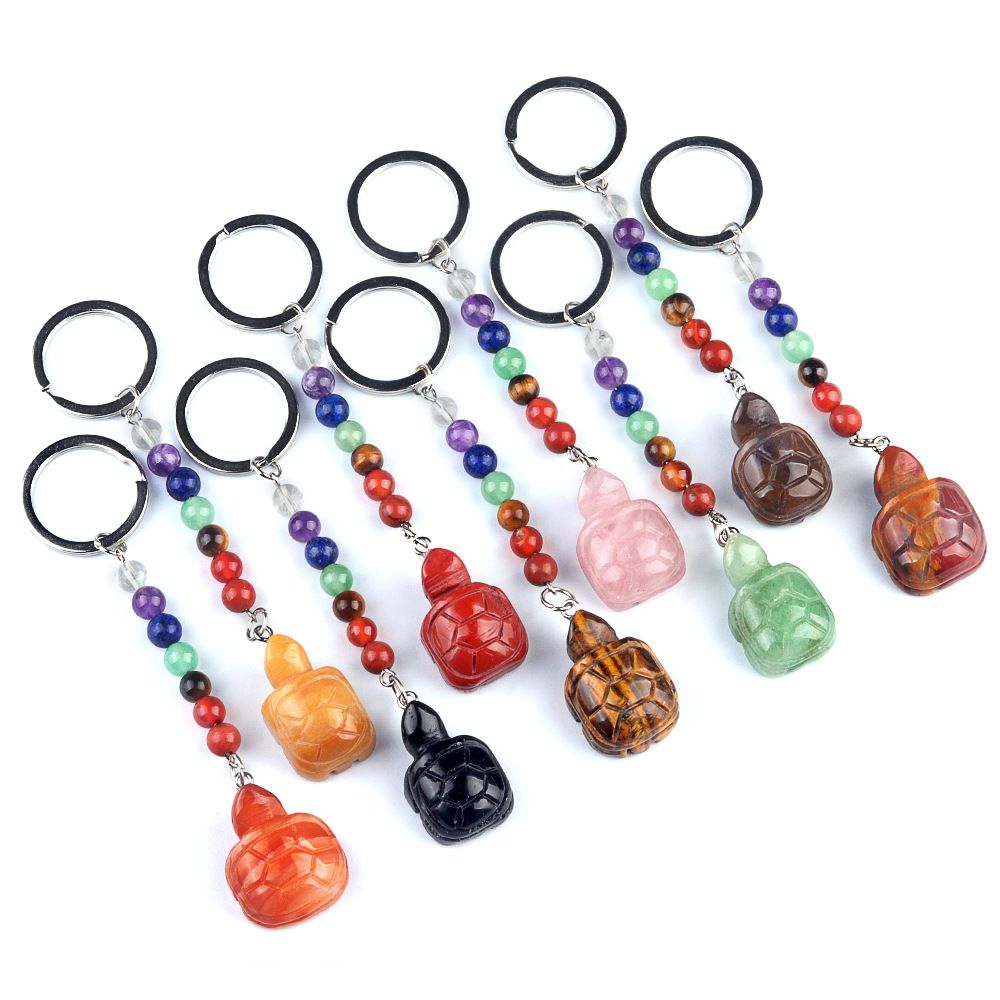 1955-Chaveiro de tartaruga de pedra de cristal colorido, pingente de jóias de chakra, pingente de chaveiro de animal pequeno