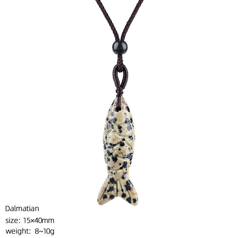 Colar de peixe pequeno de pedra semi-preciosa natural de 40Mm, colar de corda trançada ajustável, pingente de peixe pequeno de ágata tridimensional com gravura em pedra ágata.