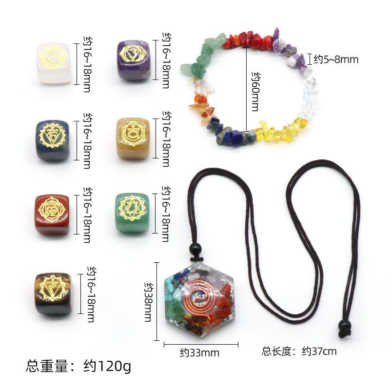 1539-Símbolo quadrado Yoga sete veias conjunto de cristal pulseira de cascalho de cristal, colar de resina epóxi de cascalho